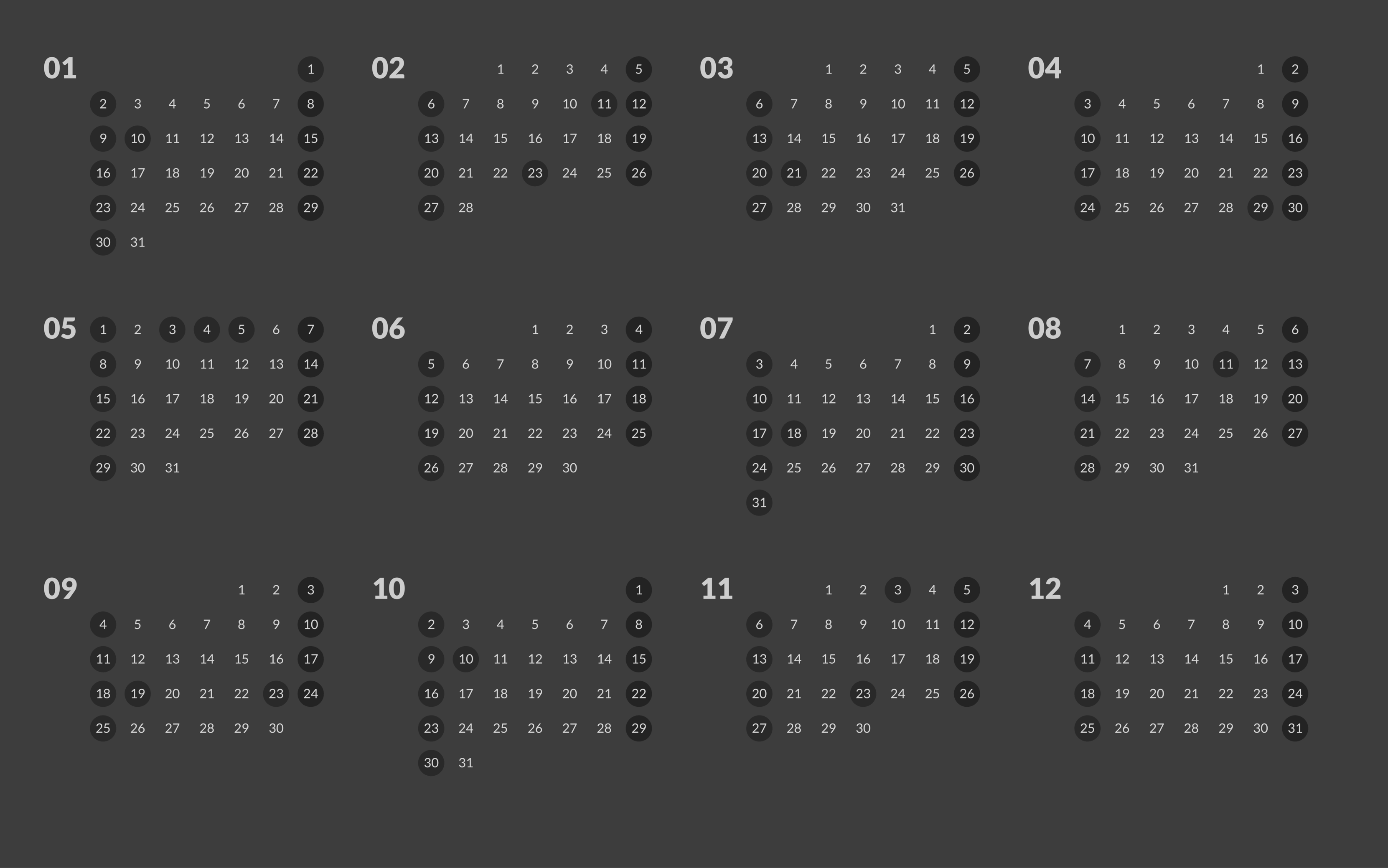ダークテーマの年間カレンダー